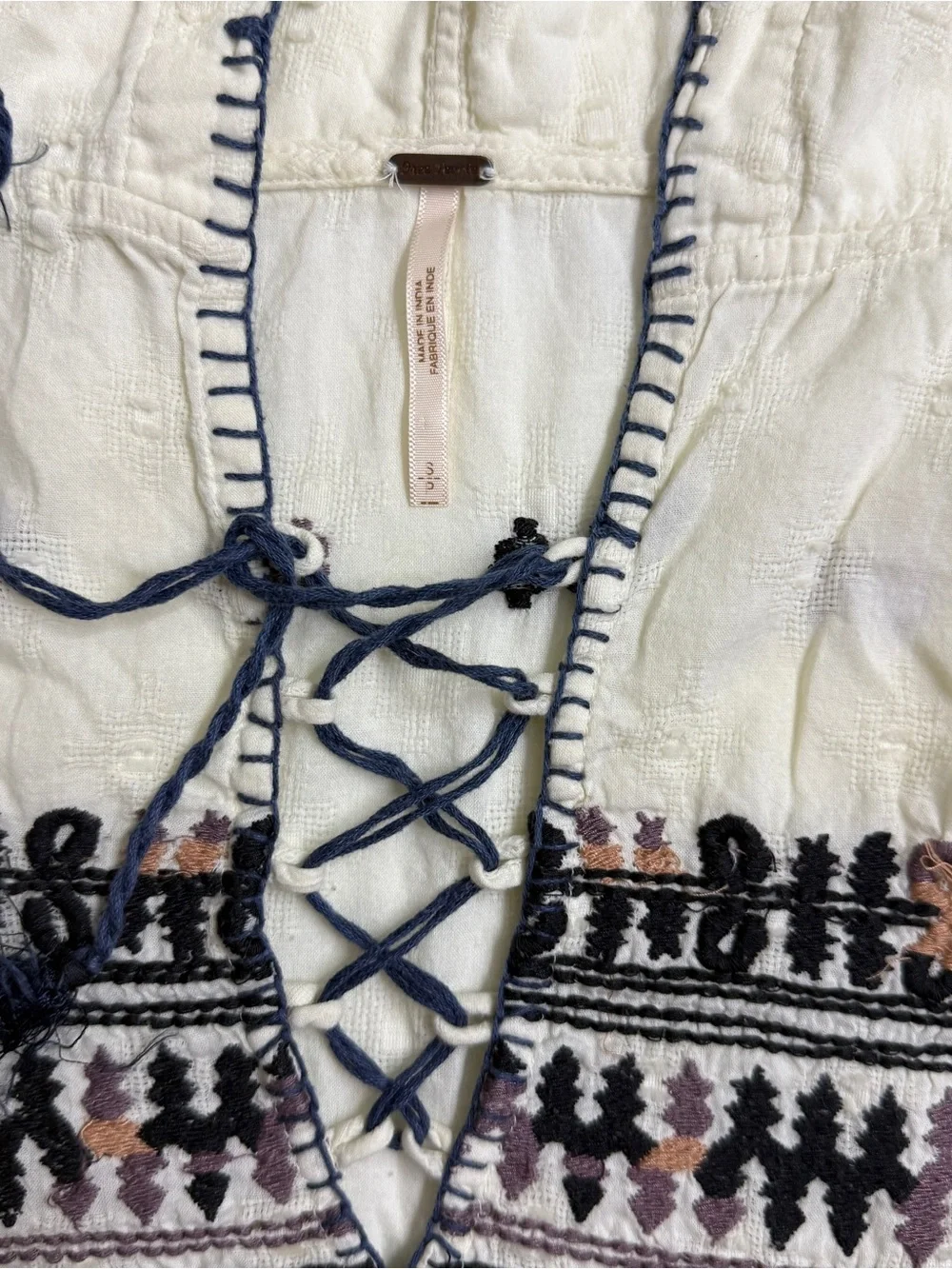 Free People Cream Hooded Embroidered Peasant Tunic with Black Trim